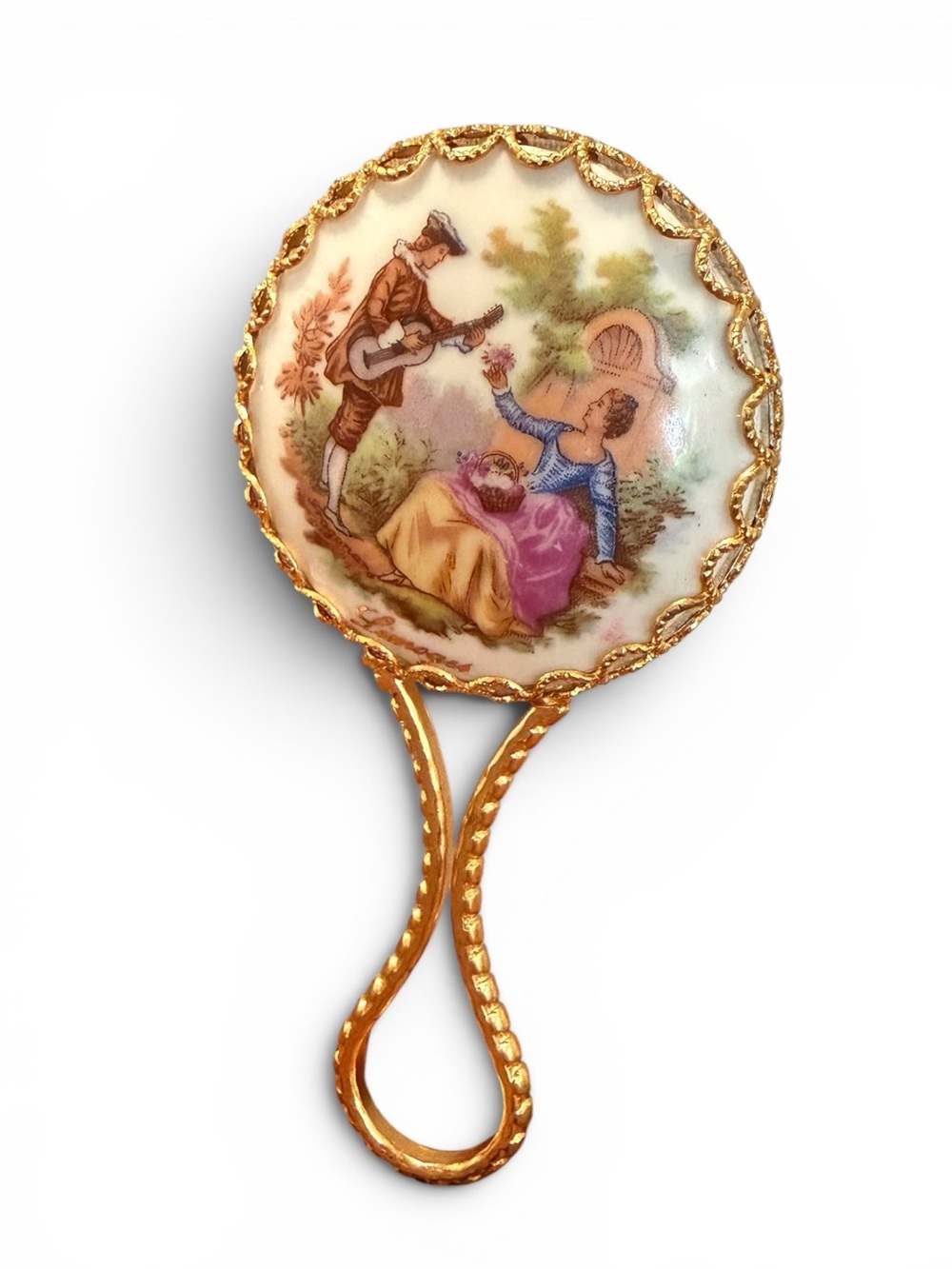 Vintage Limoges Porcelain Golf Hand Mirror Romantic Courting Couple France